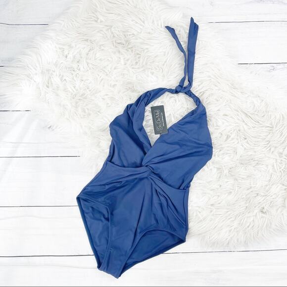 So De Mel SWIM Carlotta Deep V Neck Maillot One Piece Swimsuit Blue‎ Size Large - Picture 2 of 4